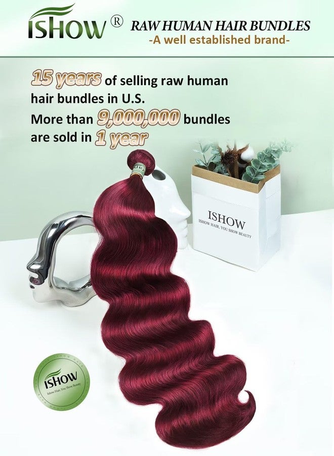ISHOW Raw Human Hair Bundles, 100% Unprocessed Virgin Human Hair, 15A Body Wave Premium Quality Bundles Producer, 16 Inch Single Bundle, Long Lasting, Red Burgundy Color 99J - Image 2
